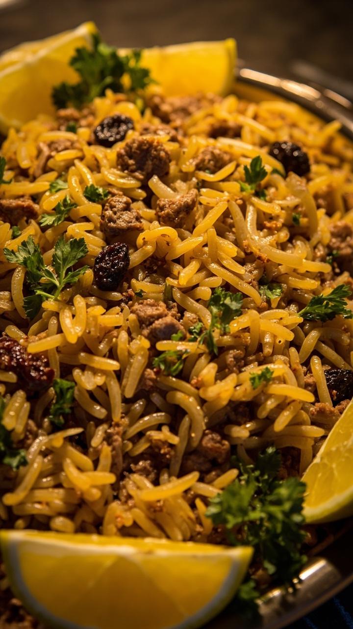 A serving platter of golden-hued rice pilaf speckled with seasoned ground beef, onions, raisins, and toasted pine nuts, finished with bright green parsley and lemon wedges on the side.