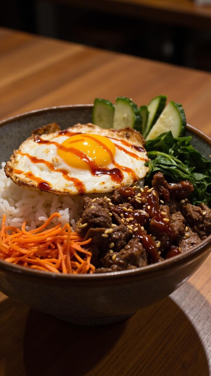 Bowls with a mound of steamed white rice, topped with thinly sliced sautéed beef, sautéed spinach, sliced carrots, cucumbers, a fried egg, and a drizzle of gochujang sauce, all garnished with sesame seeds.