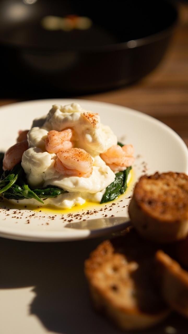 A nonstick skillet filled with fluffy egg whites dotted with pink shrimp and wilted green spinach, served on a simple white plate. A sprinkle of black pepper and a small pile of whole grain toast slices sit at the edge.