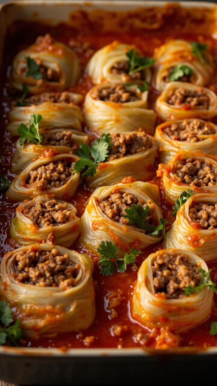 A baking dish lined with neat cabbage rolls stuffed with beef and rice, bathed in a tangy tomato sauce, bubbling and topped with a few parsley leaves, each roll sliced to show the savory filling.