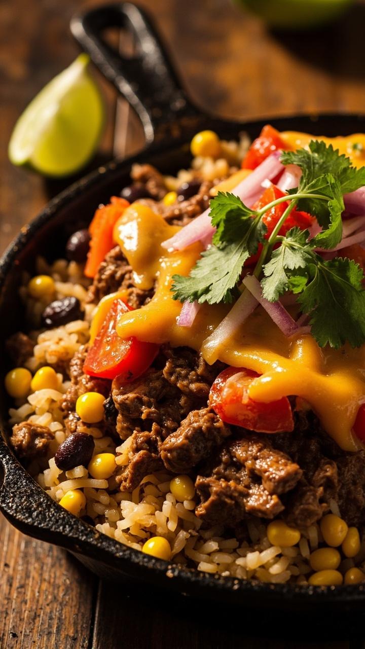 A cast iron skillet layered with rice, browned beef, corn, black beans, and melted cheddar, topped and scattered with chunks of tomato, red onion, and sprigs of cilantro, with a lime wedge on the side.