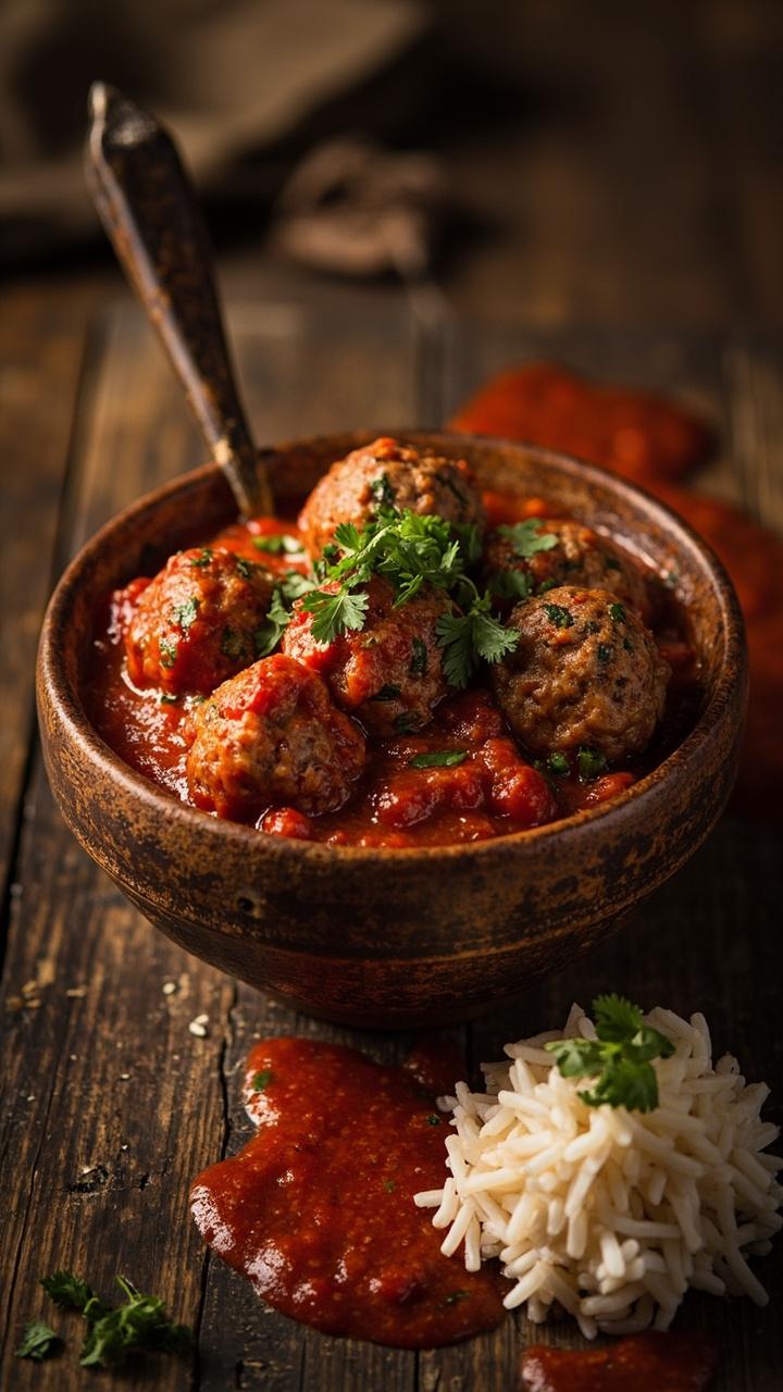 A rustic bowl piled with juicy meatballs in rich tomato sauce, rice grains visible here and there, topped with a bit of chopped parsley. A side scoop of white rice sits nearby, sauce pooling over top.