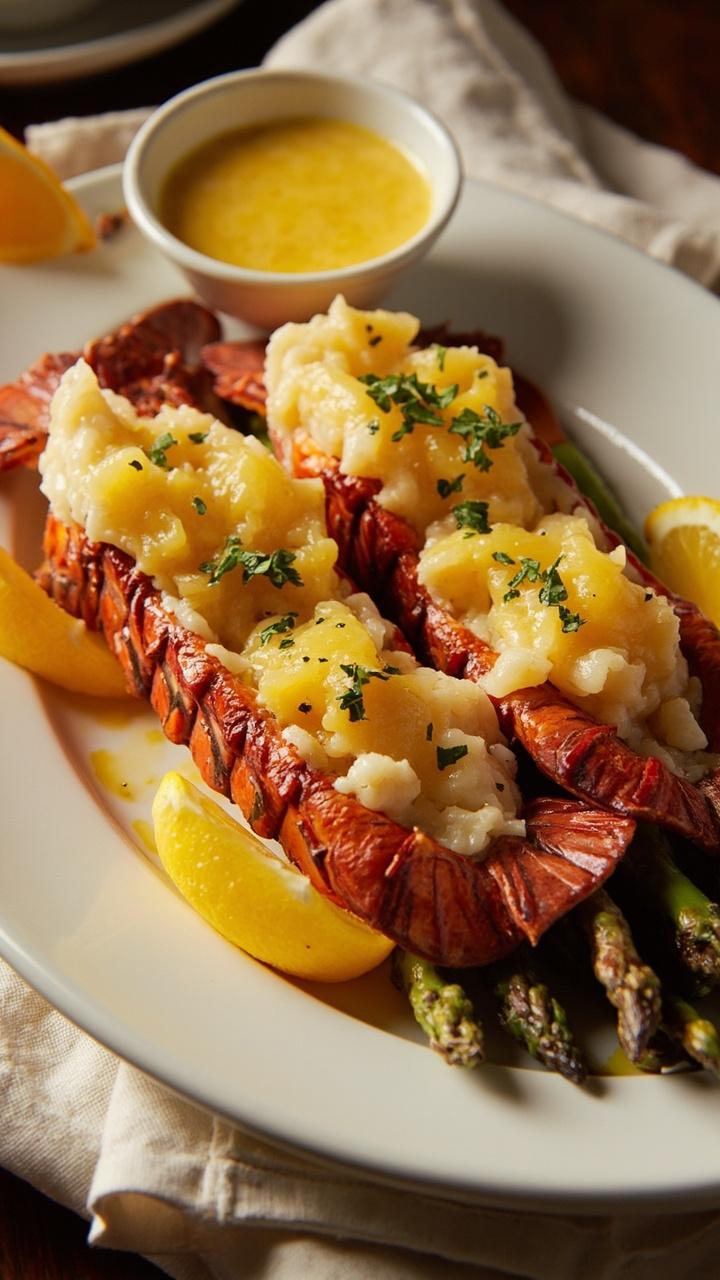 Two split lobster tails on a white plate, each brushed with golden garlic butter, a sprinkle of chopped parsley, wedges of lemon, and a side of roasted asparagus. There’s a linen napkin and a small bowl of extra melted butter for dipping.