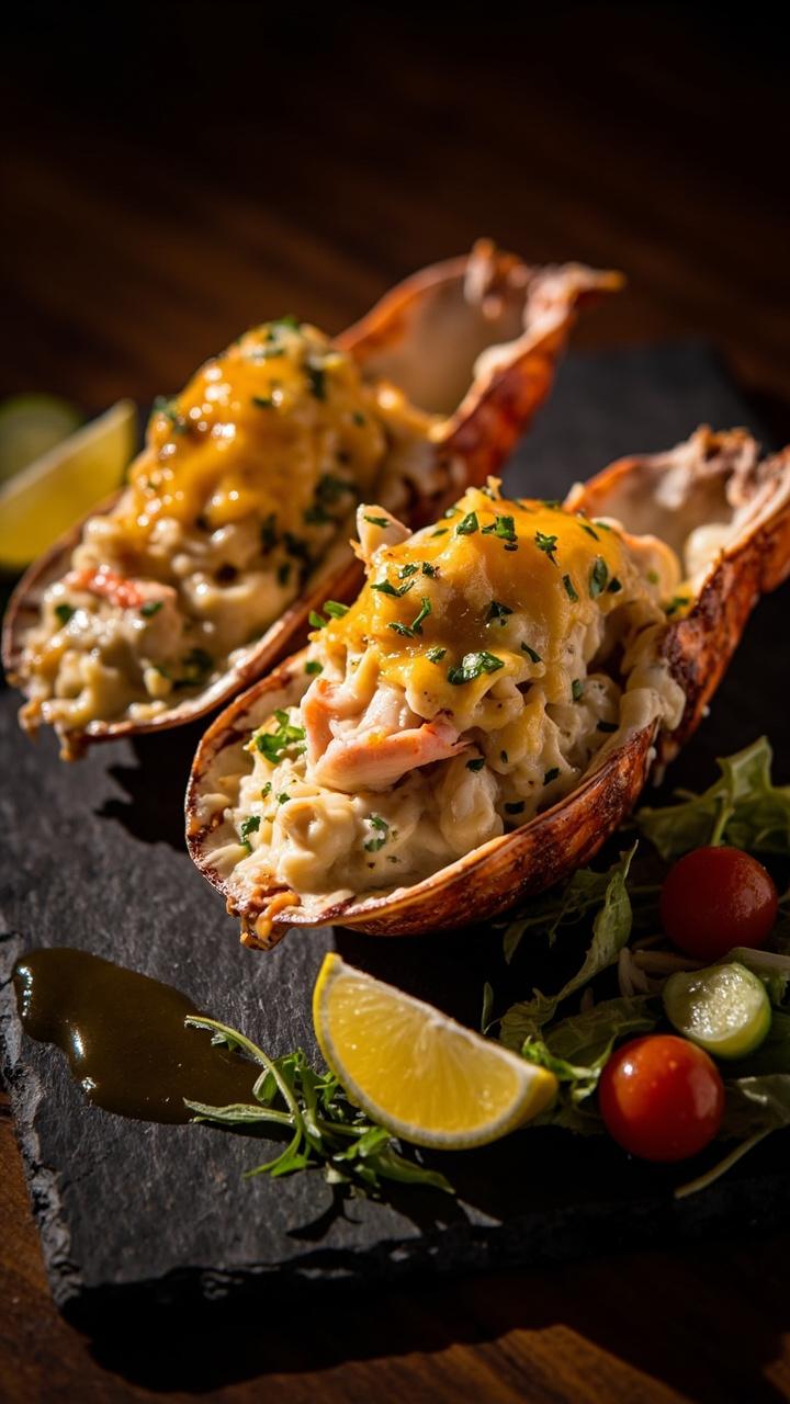 Two lobster shells overfilled with creamy seafood filling, sprinkled with golden broiled cheese and fresh herbs, on a slate serving board. There’s a lemon wedge and a light salad on the side.