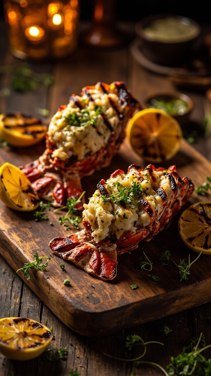 Halved lobster tails, grilled cut-side up with visible grill marks, drizzled with herb oil, arranged on a rustic wooden platter with charred lemon halves and microgreens.