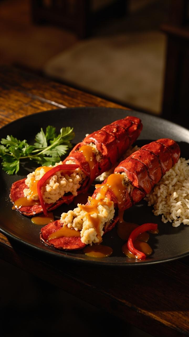 Split lobster tails drizzled with shiny, golden-red honey chili butter, topped with thin slices of red chili, on a dark ceramic plate with a sprig of cilantro and jasmine rice nearby.
