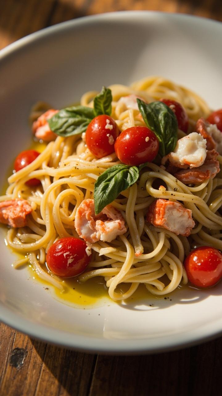 Al dente linguine piled in a shallow white bowl, tossed with cherry tomatoes, lobster tail chunks, flecks of basil, and a drizzle of golden olive oil.