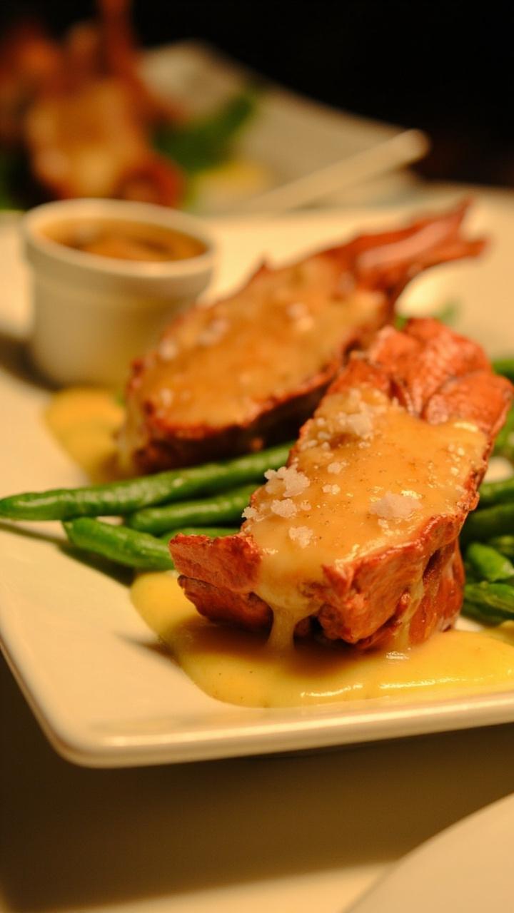 Medallions of lobster glistening with amber brown butter, arranged on a small platter with a ramekin of extra brown butter and a sprinkle of sea salt, surrounded by steamed green beans.