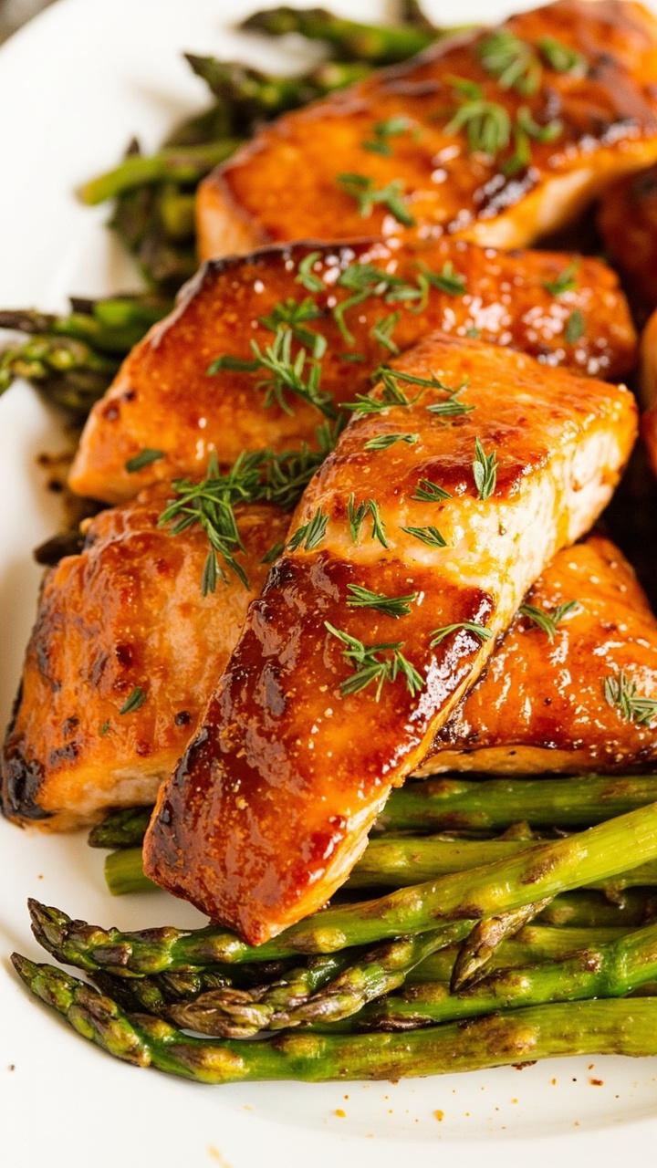 Thick salmon fillets under a shiny, amber glaze of maple and Dijon, broiled to a golden crust, sprinkled with chopped fresh dill, and set on a white platter with roasted asparagus spears.