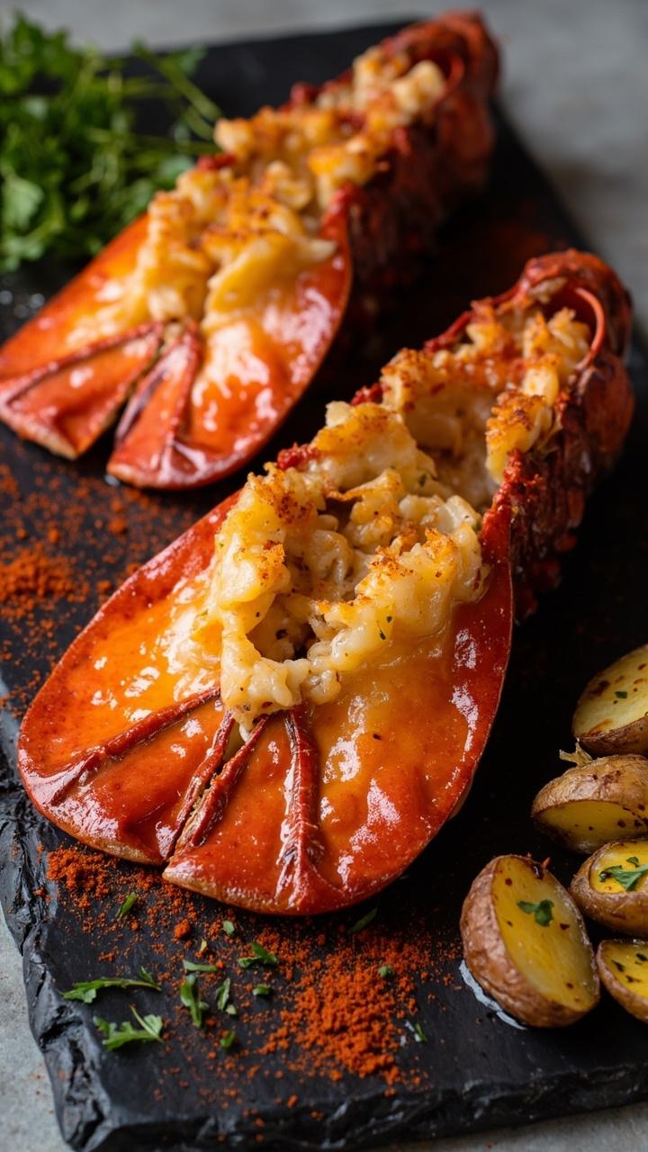 Two lobster tails, split and fanned open, basted with a glossy red-orange paprika butter, presented on a slate plate with a dusting of paprika and parsley and a side of roasted fingerling potatoes.