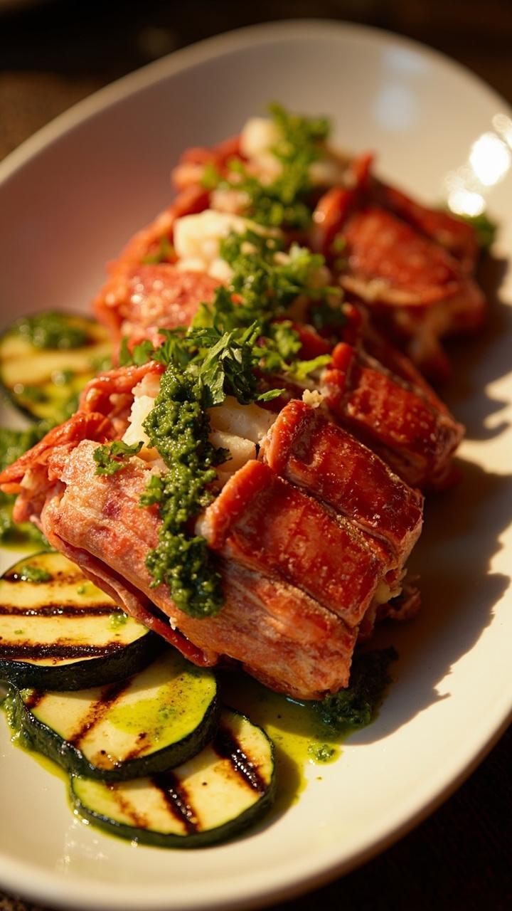 Bright red lobster tails set on an oval dish, generously spooned with green chimichurri sauce, sprinkled with extra parsley, and flanked by slices of grilled zucchini.