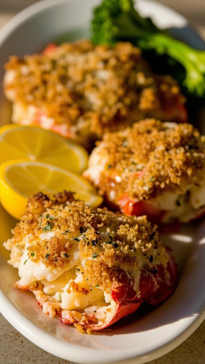 Lobster tails topped with golden, bubbly Parmesan and herbed breadcrumb crust, served on a white oval plate with lemon wedges and simple steamed broccoli.