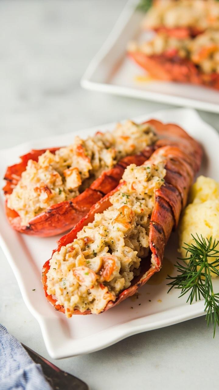 Lobster tails cracked open and filled with a creamy crab mixture, golden on top, and resting on a square white plate with a sprig of dill and potato puree.