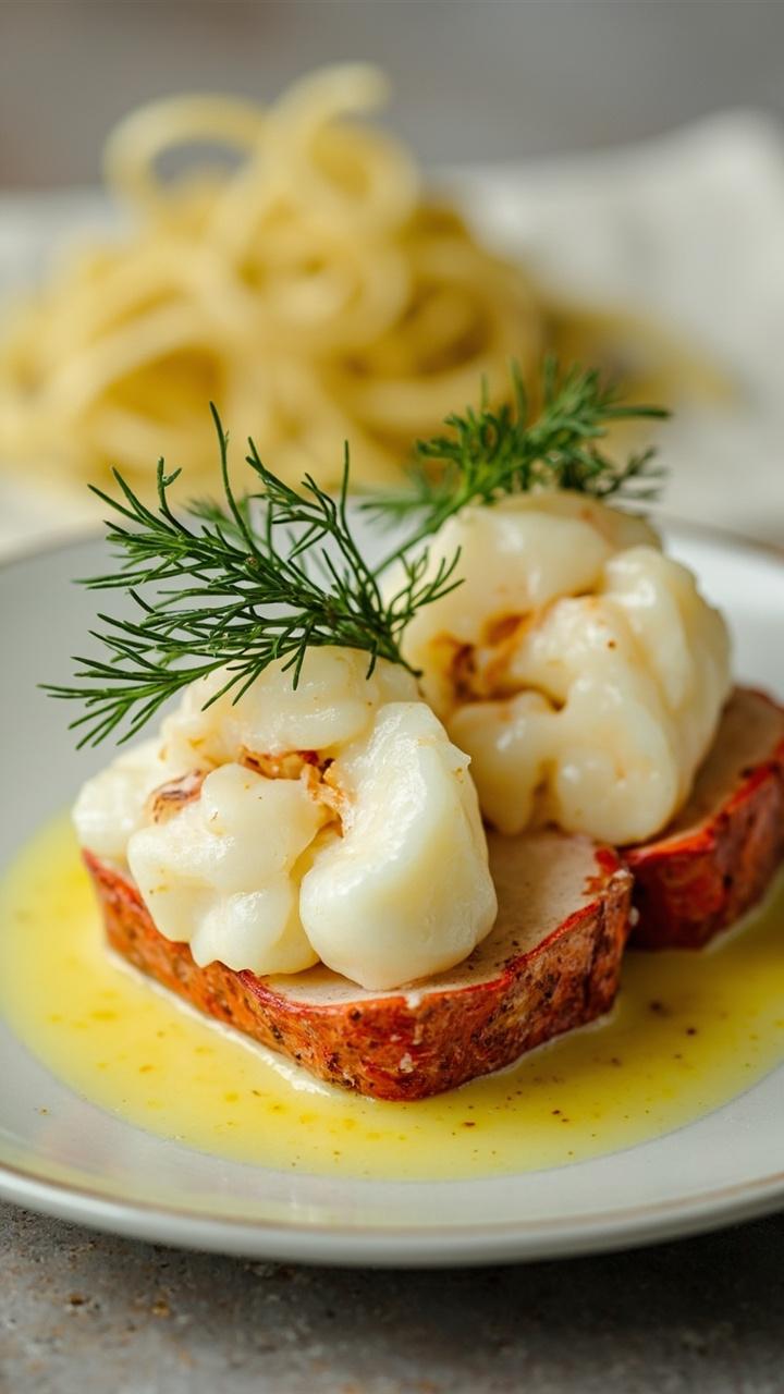 Two bright white lobster tails on a small plate, napped with pale yellow saffron cream sauce, garnished with fresh dill and a twirl of angel hair pasta in the background.