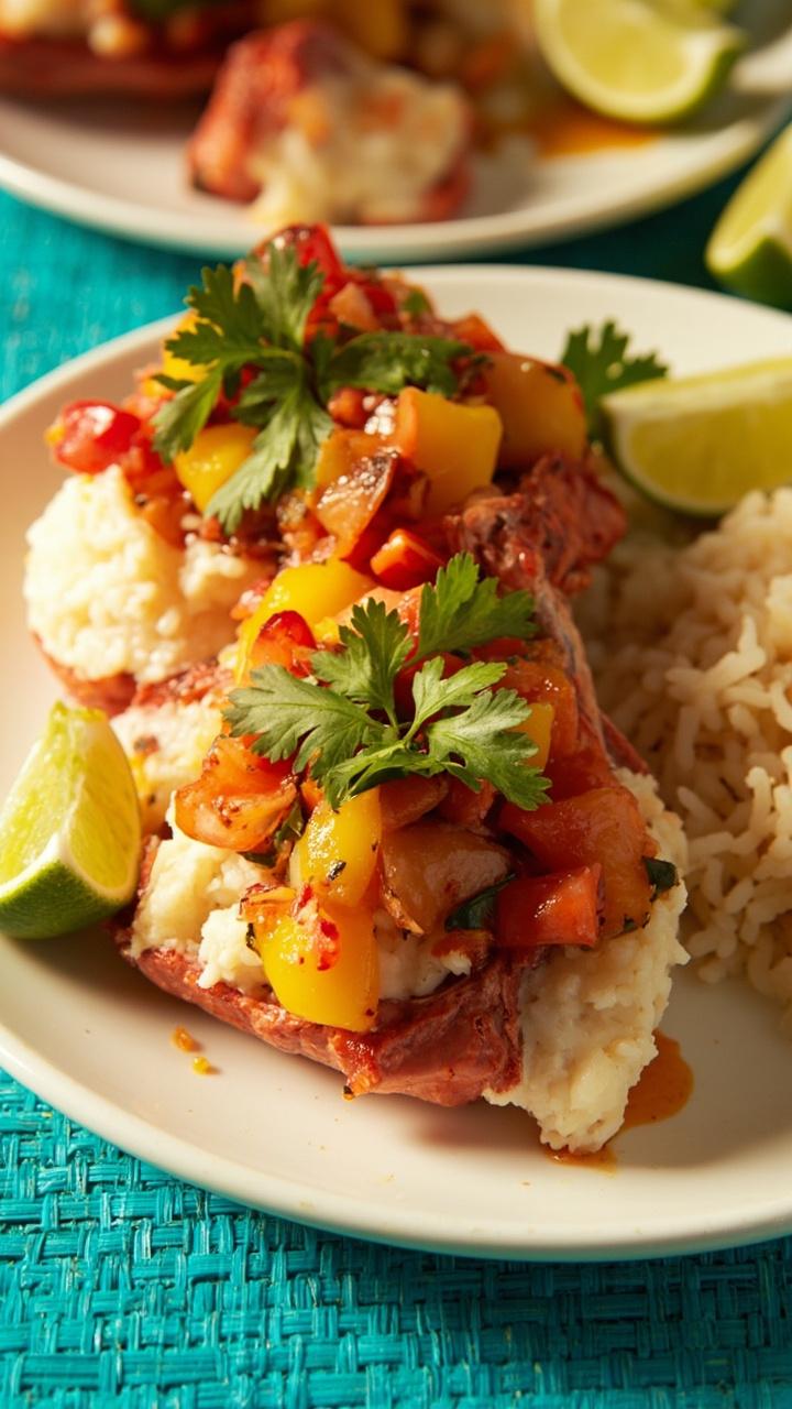 Lobster tails on a round plate, topped with chunky mango salsa with red pepper and cilantro, accompanied by coconut rice and lime wedges. The plate is set on a bright teal placemat.