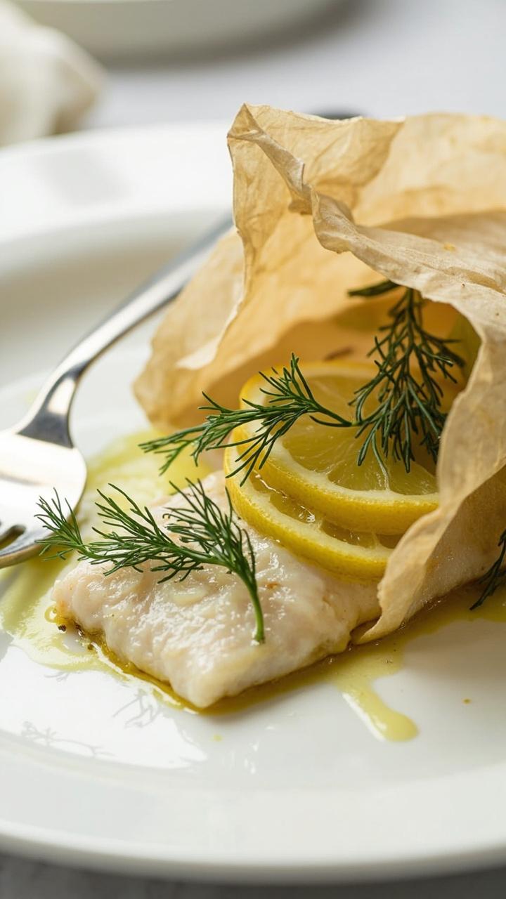 A parchment packet opened on a white plate, revealing a delicate fillet of fish with slices of lemon, sprigs of dill and parsley, a drizzle of juices pooling at the bottom, and a fork resting nearby.