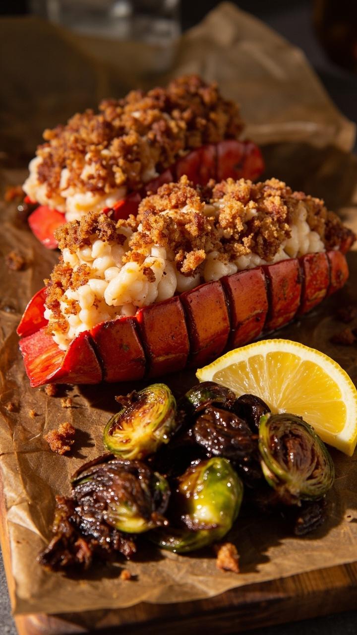 Lobster tails split and topped with crispy bacon breadcrumbs, arranged on a parchment-lined board with a side of roasted Brussels sprouts and a lemon wedge.