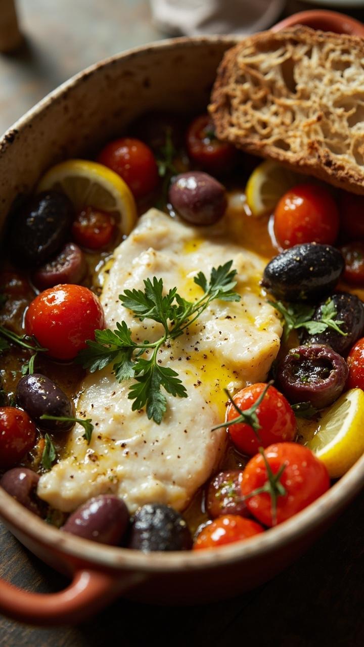 A creamy white cod fillet nestled in a shallow ceramic baking dish, surrounded by cherry tomatoes bursting with juices, deep purple olives, sprigs of fresh parsley, and a wedge of lemon. The whole dish is lightly glossed with olive oil and served directly from the oven to the table with rustic bread on the side. A creamy white cod fillet nestled in a shallow ceramic baking dish, surrounded by cherry tomatoes bursting with juices, deep purple olives, sprigs of fresh parsley, and a wedge of lemon. The whole dish is lightly glossed with olive oil and served directly from the oven to the table with rustic bread on the side.