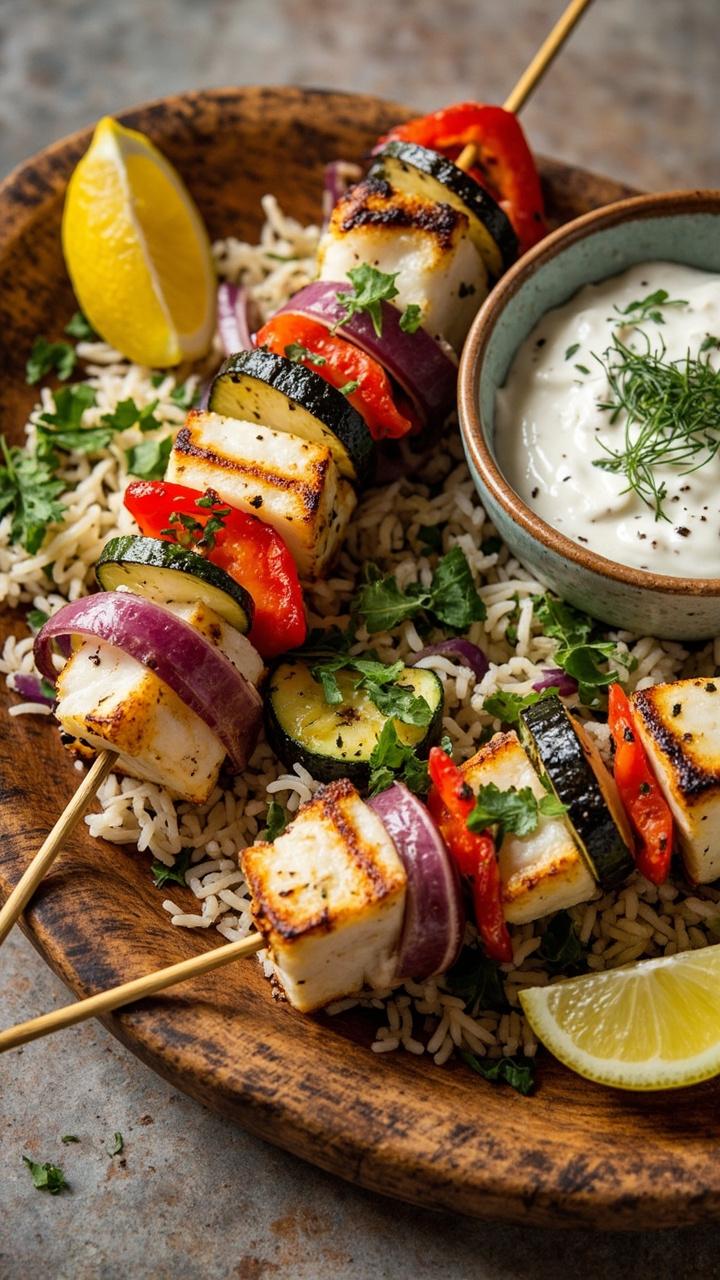 Wooden skewers stacked with chunks of cod, red bell pepper, red onion, and zucchini, lightly charred from the grill, and placed atop a bed of fluffy herbed rice. There’s a lemon wedge on the side and a little bowl of garlicky tzatziki for dipping. Everything is arranged on a rustic platter. Wooden skewers stacked with chunks of cod, red bell pepper, red onion, and zucchini, lightly charred from the grill, and placed atop a bed of fluffy herbed rice. There’s a lemon wedge on the side and a little bowl of garlicky tzatziki for dipping. Everything is arranged on a rustic platter.