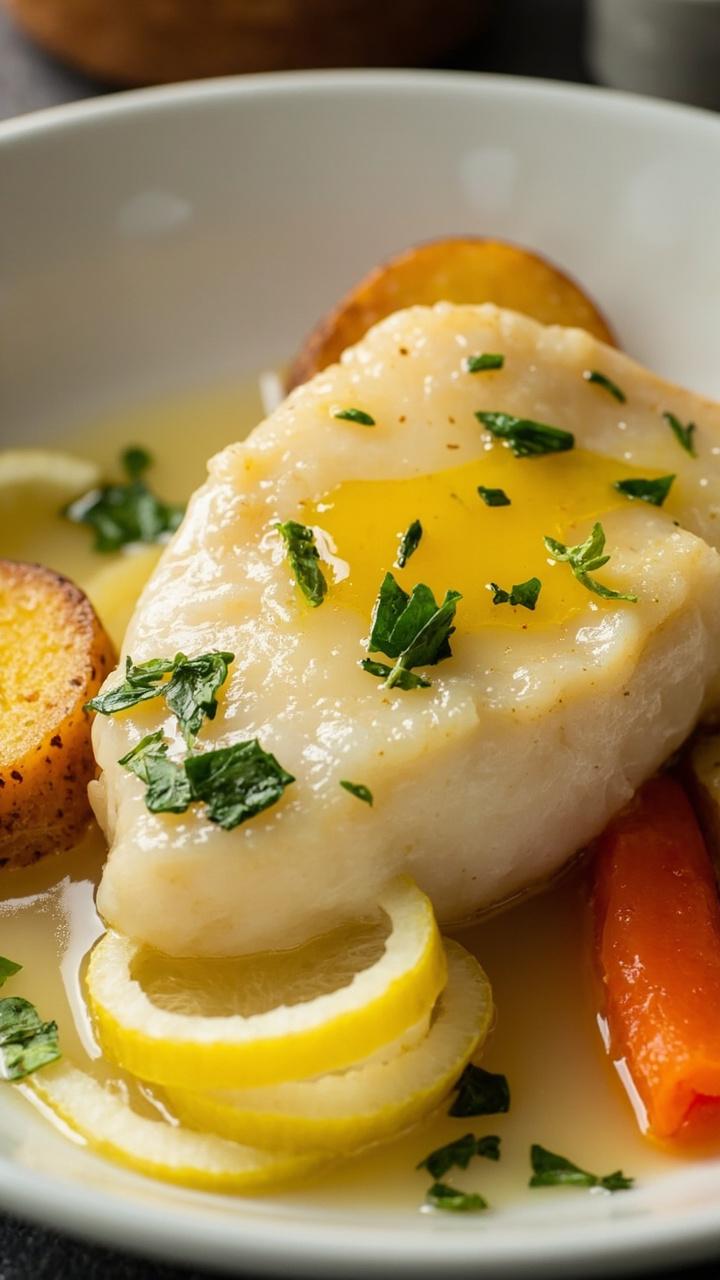 Fillet of cod sits in a shallow white bowl, bathed in broth with thin lemon slices and flecks of green parsley. Poached potatoes and carrots lean gently against the fish, with a drizzle of olive oil shimmering on top. Fillet of cod sits in a shallow white bowl, bathed in broth with thin lemon slices and flecks of green parsley. Poached potatoes and carrots lean gently against the fish, with a drizzle of olive oil shimmering on top.