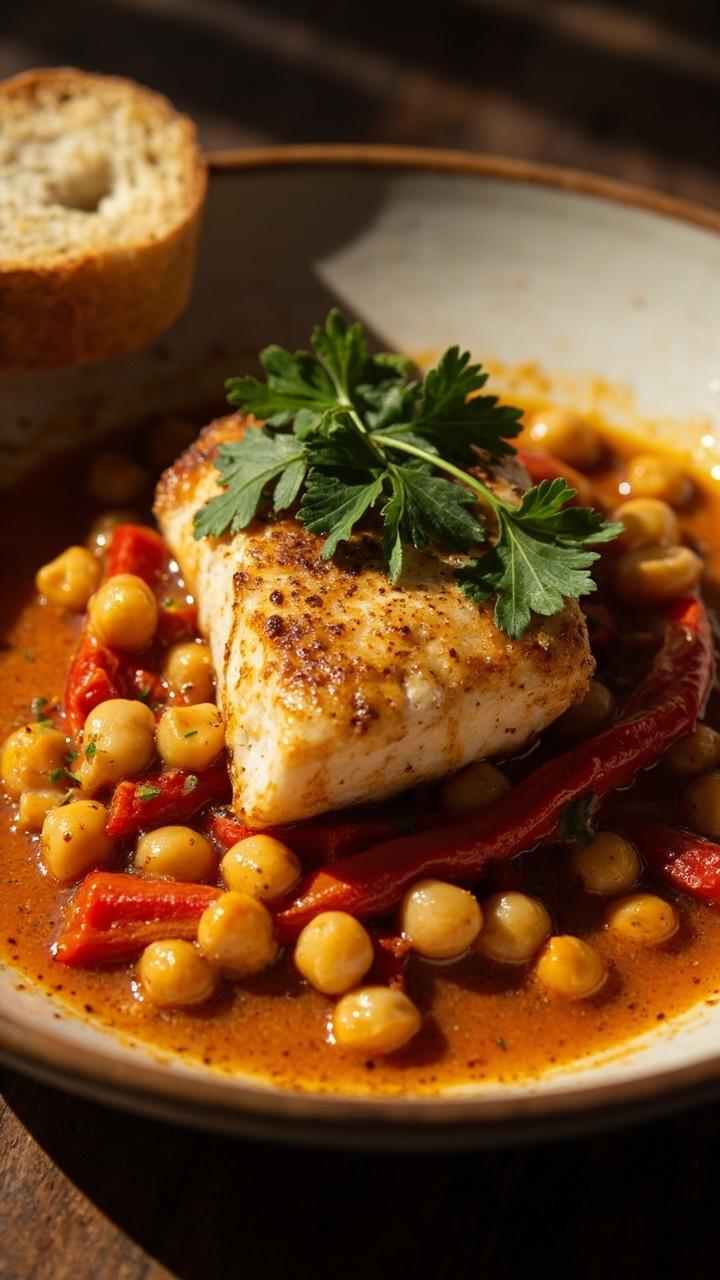 A shallow bowl filled with golden chickpea stew flecked with roasted red pepper strips and topped with a thick, flaky cod fillet. The sauce is rich with red paprika oil and sprinkled with fresh parsley. A toasted slice of rustic bread sits on the edge of the bowl. A shallow bowl filled with golden chickpea stew flecked with roasted red pepper strips and topped with a thick, flaky cod fillet. The sauce is rich with red paprika oil and sprinkled with fresh parsley. A toasted slice of rustic bread sits on the edge of the bowl.
