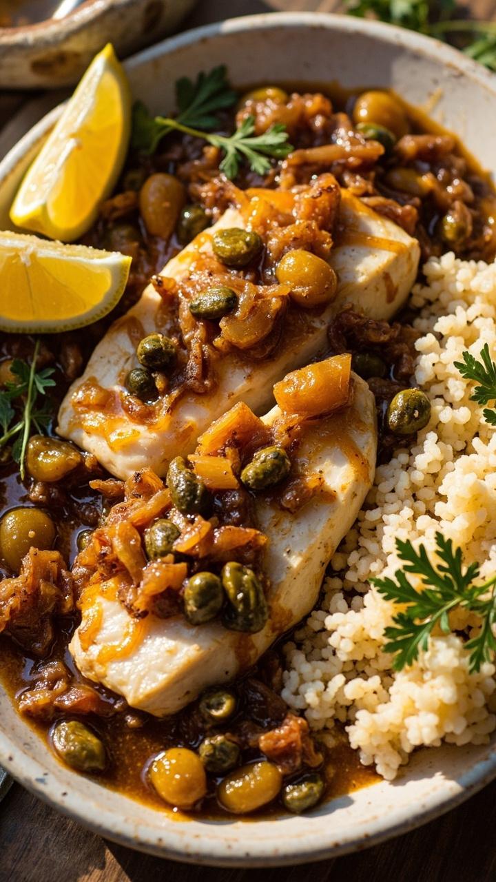 A serving platter with cod fillets dressed in a chunky sauce of golden raisins, glossy capers, toasted pine nuts, and sautéed onions. A few lemon wedges and scattered parsley provide color next to a side of couscous. A serving platter with cod fillets dressed in a chunky sauce of golden raisins, glossy capers, toasted pine nuts, and sautéed onions. A few lemon wedges and scattered parsley provide color next to a side of couscous.