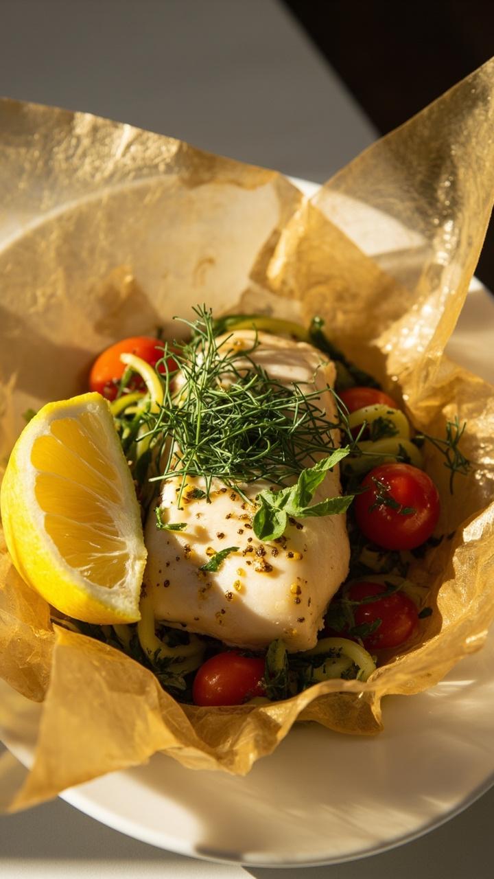 A piece of parchment paper, slightly golden, opened to reveal cod fillet nestled over zucchini ribbons and cherry tomatoes. Flecks of fresh dill and basil are scattered on top, with a wedge of lemon on the side, all arranged on a simple white plate. A piece of parchment paper, slightly golden, opened to reveal cod fillet nestled over zucchini ribbons and cherry tomatoes. Flecks of fresh dill and basil are scattered on top, with a wedge of lemon on the side, all arranged on a simple white plate.