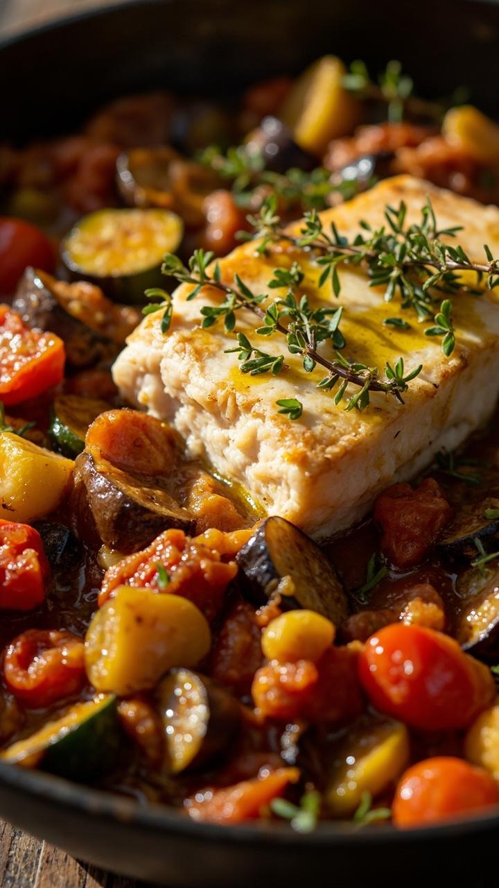 A dinner bowl filled with chunky, colorful ratatouille (eggplant, zucchini, red pepper, tomatoes), topped with a flaky cod fillet. A drizzle of basil oil and scattered fresh thyme finish the look. A dinner bowl filled with chunky, colorful ratatouille (eggplant, zucchini, red pepper, tomatoes), topped with a flaky cod fillet. A drizzle of basil oil and scattered fresh thyme finish the look.