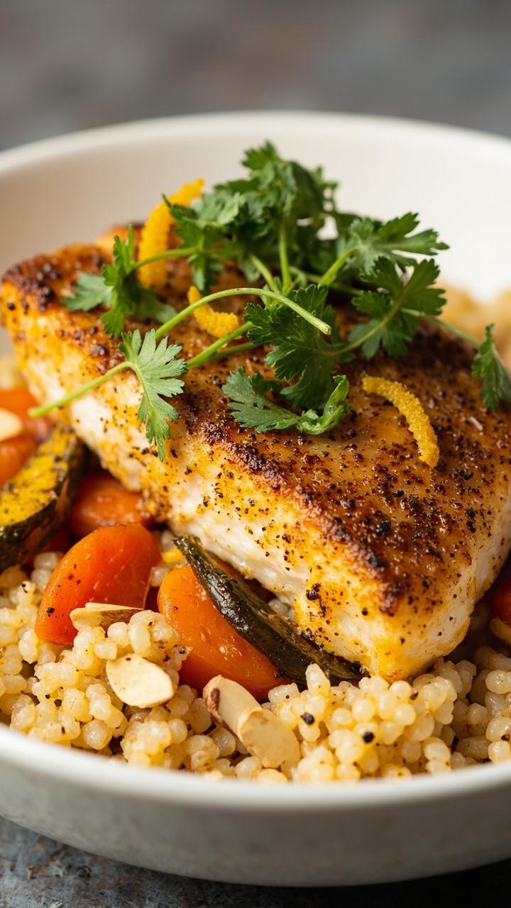 A shallow bowl with fluffy golden couscous, topped with a thick cod fillet dusted in warm spices and garnished with fresh cilantro and orange zest. Slices of roasted carrots and a scatter of chopped almonds add extra color. A shallow bowl with fluffy golden couscous, topped with a thick cod fillet dusted in warm spices and garnished with fresh cilantro and orange zest. Slices of roasted carrots and a scatter of chopped almonds add extra color.