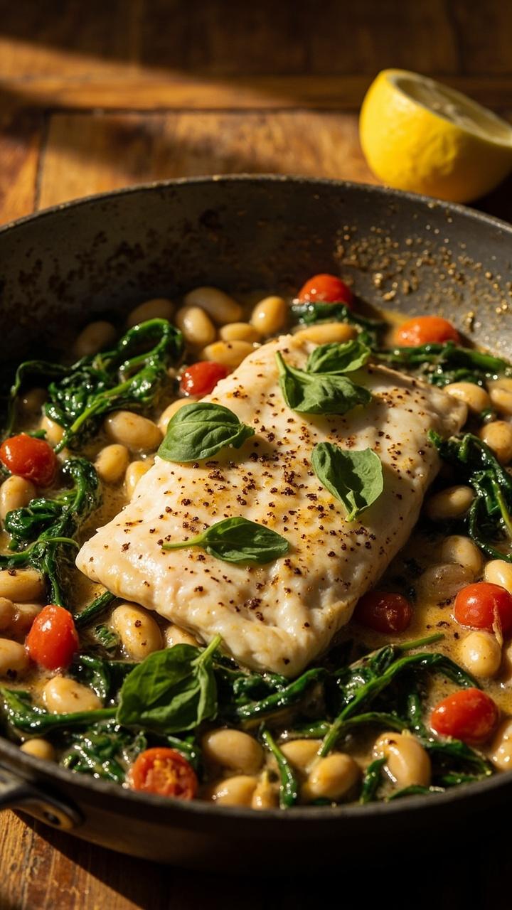 Shallow skillet brimming with creamy white beans, wilted spinach, and chunks of tomato, all cradling a perfectly moist cod fillet. Fresh basil leaves and cracked black pepper finish the top. It’s dished up with a lemon wedge on the side. Shallow skillet brimming with creamy white beans, wilted spinach, and chunks of tomato, all cradling a perfectly moist cod fillet. Fresh basil leaves and cracked black pepper finish the top. It’s dished up with a lemon wedge on the side.