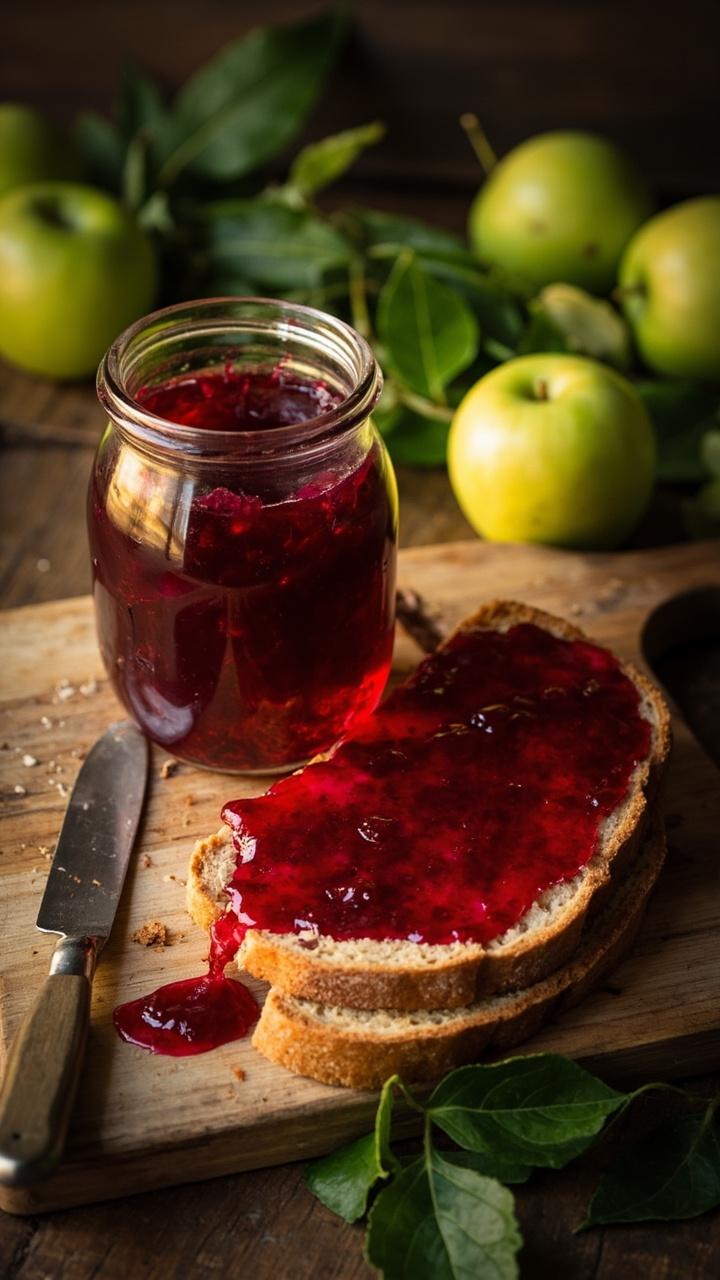 A small jar of ruby-red crab apple jelly, spread onto thick slices of rustic bread on a wooden board. A few crab apples and bright green leaves are scattered nearby, with a small butter knife resting beside the jar.