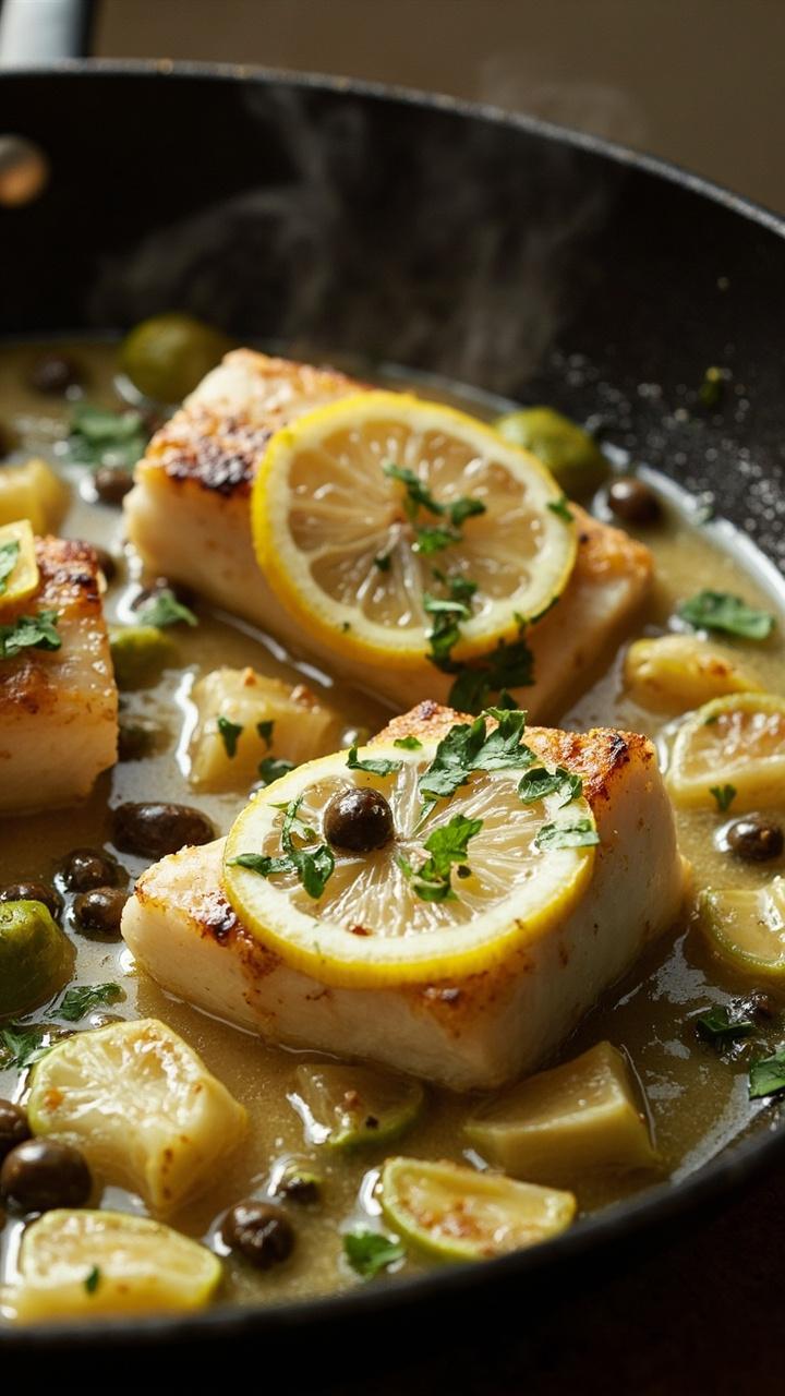 Wide, shallow skillet filled with seared cod fillets, surrounded by quartered artichoke hearts and capers in a light lemony sauce, sprinkled with chopped parsley. A couple of lemon wheels float in the sauce. Wide, shallow skillet filled with seared cod fillets, surrounded by quartered artichoke hearts and capers in a light lemony sauce, sprinkled with chopped parsley. A couple of lemon wheels float in the sauce.