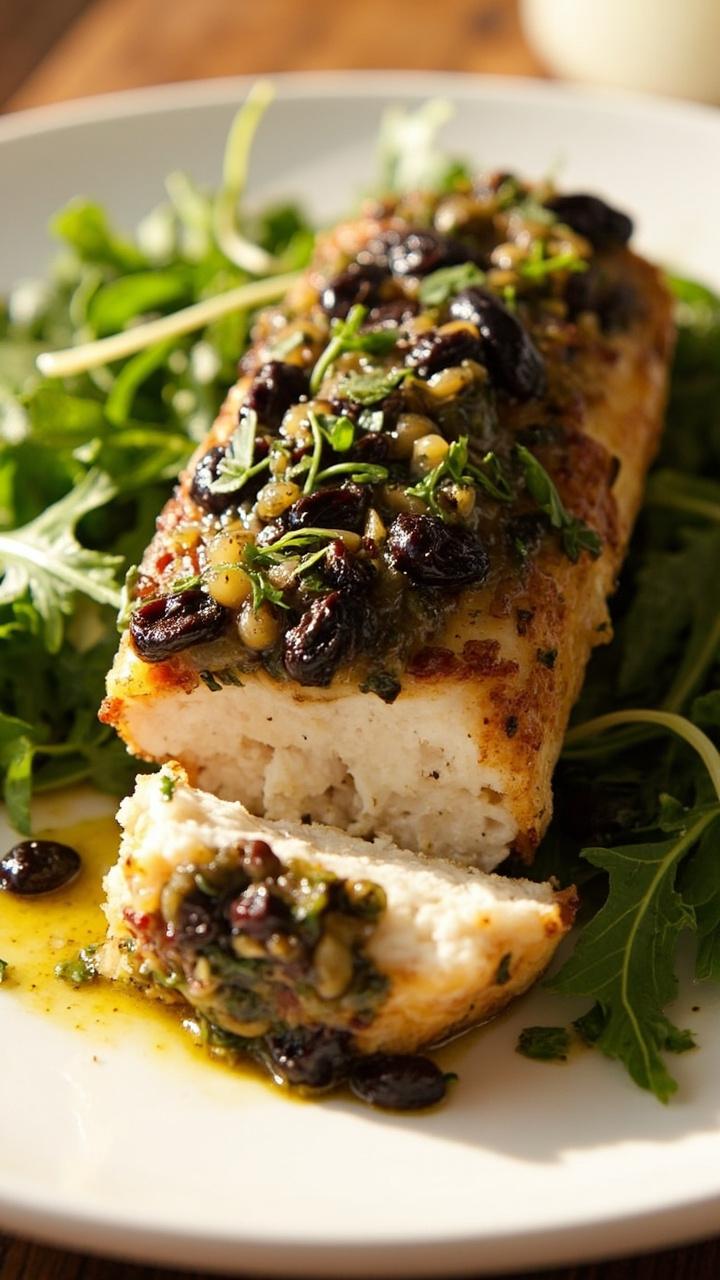 Oven-baked cod fillet with a thick topping of black olive tapenade, flecked with garlic and fresh herbs, sitting over a small bed of lemony arugula salad. The fish is sliced to show the crust and moist interior. Oven-baked cod fillet with a thick topping of black olive tapenade, flecked with garlic and fresh herbs, sitting over a small bed of lemony arugula salad. The fish is sliced to show the crust and moist interior.