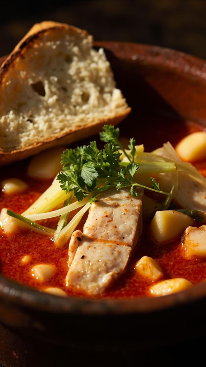 Deep bowl of bright tomato broth, lots of large cod chunks, rounds of fennel, pieces of potato, and sprinkled with fresh basil and parsley. A torn piece of crusty bread sits on the side, perfect for dunking. Deep bowl of bright tomato broth, lots of large cod chunks, rounds of fennel, pieces of potato, and sprinkled with fresh basil and parsley. A torn piece of crusty bread sits on the side, perfect for dunking.