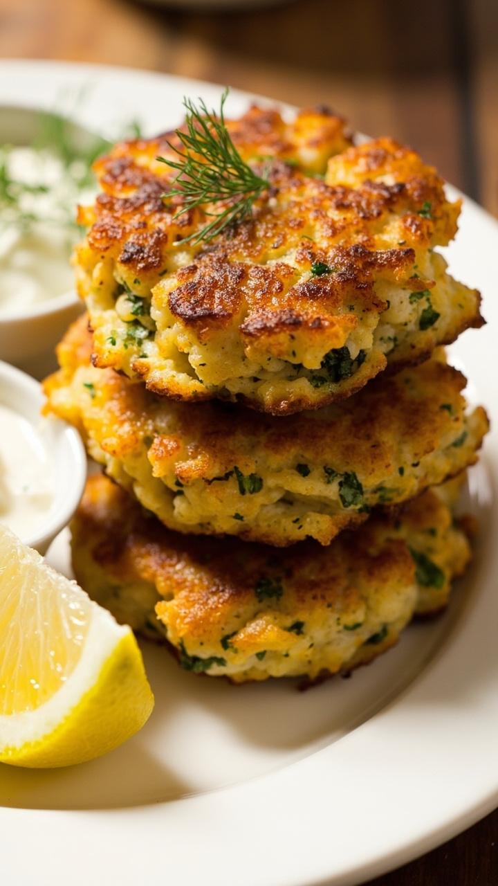 Golden-brown cod cakes, crisp on the edges and flecked with green herbs, stacked on a white plate beside a small bowl of creamy yogurt sauce. A wedge of lemon and a sprinkle of fresh dill finish the look. Golden-brown cod cakes, crisp on the edges and flecked with green herbs, stacked on a white plate beside a small bowl of creamy yogurt sauce. A wedge of lemon and a sprinkle of fresh dill finish the look.