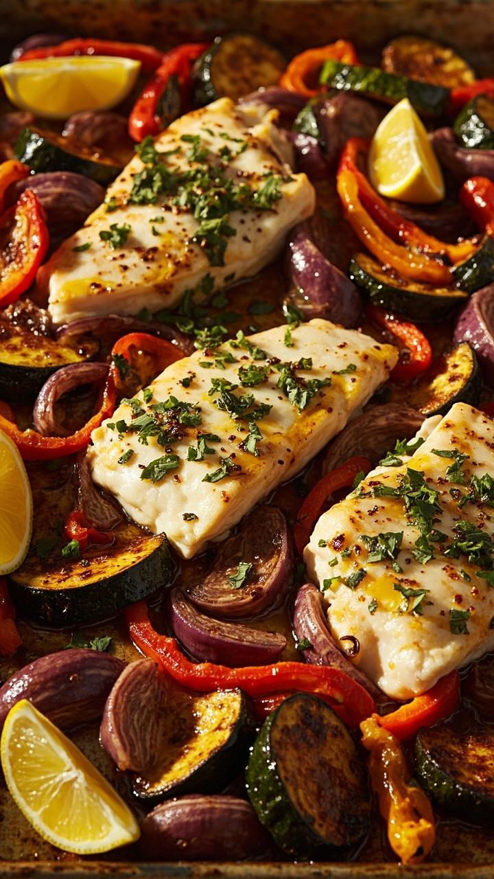 Large baking sheet covered with roasted array of bell peppers, red onion wedges, zucchini rounds, and juicy cod fillets. Everything glistens with olive oil and is sprinkled with chopped parsley and oregano. Lemon wedges line the edges for squeezing at the table. Large baking sheet covered with roasted array of bell peppers, red onion wedges, zucchini rounds, and juicy cod fillets. Everything glistens with olive oil and is sprinkled with chopped parsley and oregano. Lemon wedges line the edges for squeezing at the table.