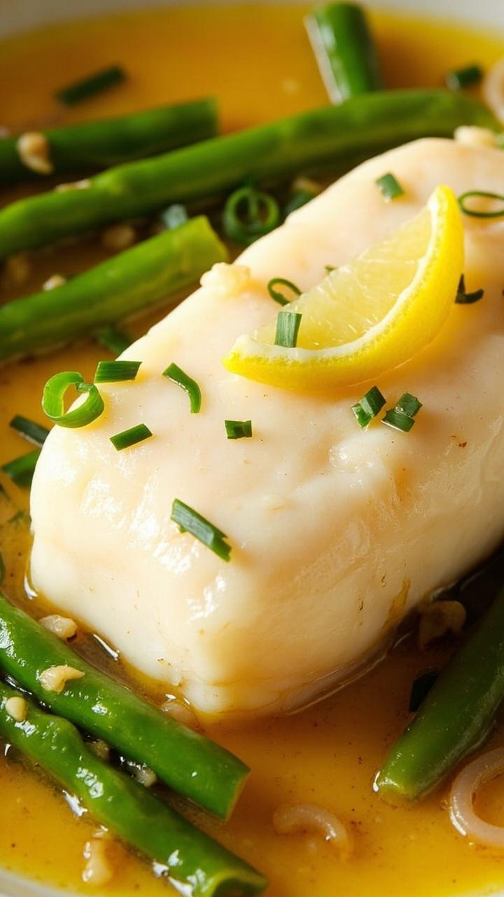 Shiny white cod fillet in a shallow pool of lemony garlic sauce, surrounded by lightly sautéed green beans and a sprinkling of fresh chives. A couple thin rounds of lemon float in the sauce. Shiny white cod fillet in a shallow pool of lemony garlic sauce, surrounded by lightly sautéed green beans and a sprinkling of fresh chives. A couple thin rounds of lemon float in the sauce.