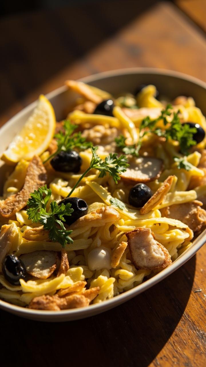 A shallow serving dish filled with golden scrambled eggs, thin matchsticks of fried potato, flecks of flaky cod, all topped with lots of fresh parsley and black olives. A wedge of lemon rests to the side. A shallow serving dish filled with golden scrambled eggs, thin matchsticks of fried potato, flecks of flaky cod, all topped with lots of fresh parsley and black olives. A wedge of lemon rests to the side.