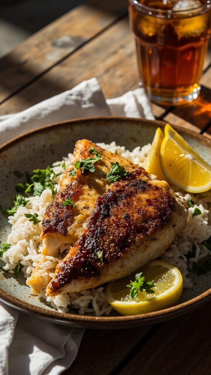 A sizzling catfish fillet with a dark, crispy spice crust, nestled atop fluffy white rice on a simple ceramic plate, garnished with lemon wedges and a sprinkle of fresh parsley. The plate sits on a rustic wood tabletop with a folded napkin and a glass of iced tea nearby.