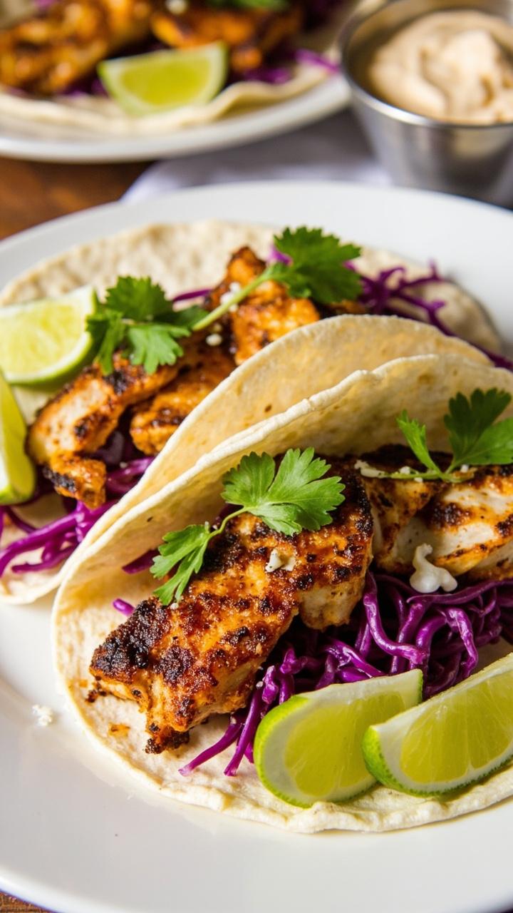 Again, maintain visual consistency. Two flour tortillas folded on a white plate, each piled with strips of blackened catfish, shredded purple cabbage slaw, and a dusting of cilantro. Lime wedges sit on the side, with a small bowl of creamy sauce in the background.