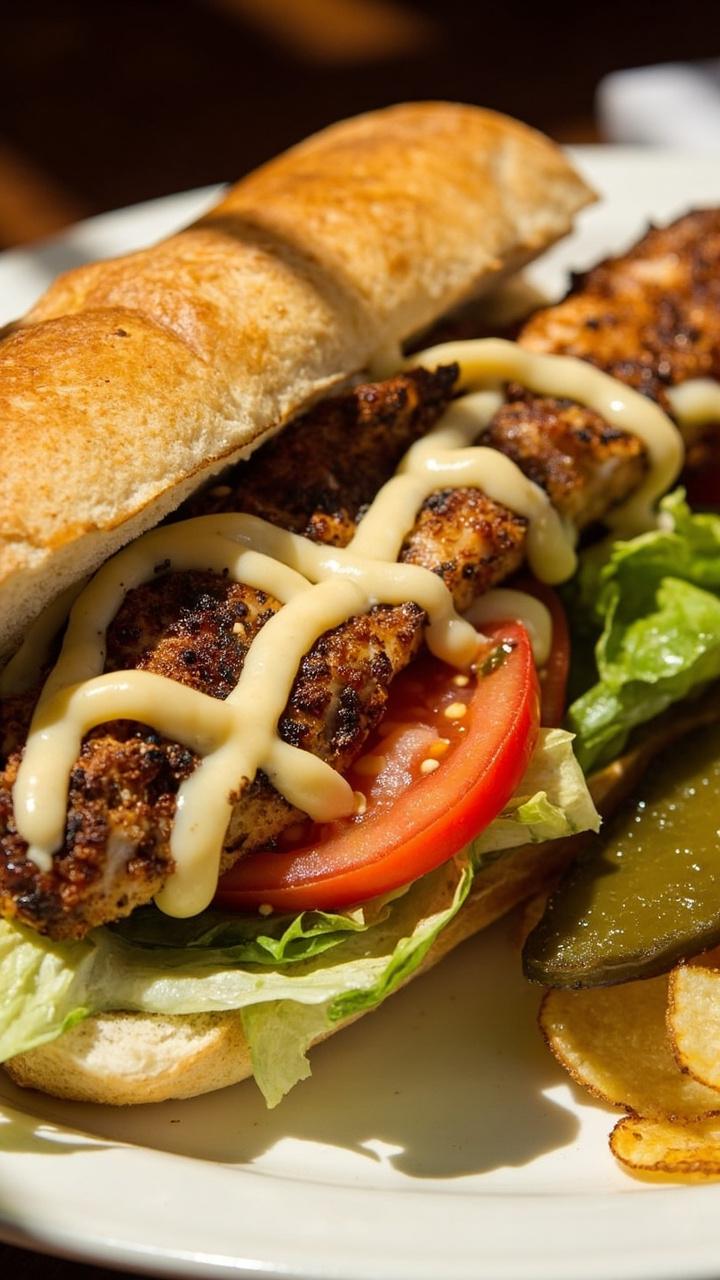 A toasted French baguette filled with crispy blackened catfish fillets, lettuce, sliced tomatoes, pickles, and a generous drizzle of creamy remoulade sauce. Potato chips and a dill pickle spear sit beside the sandwich on a diner-style plate.