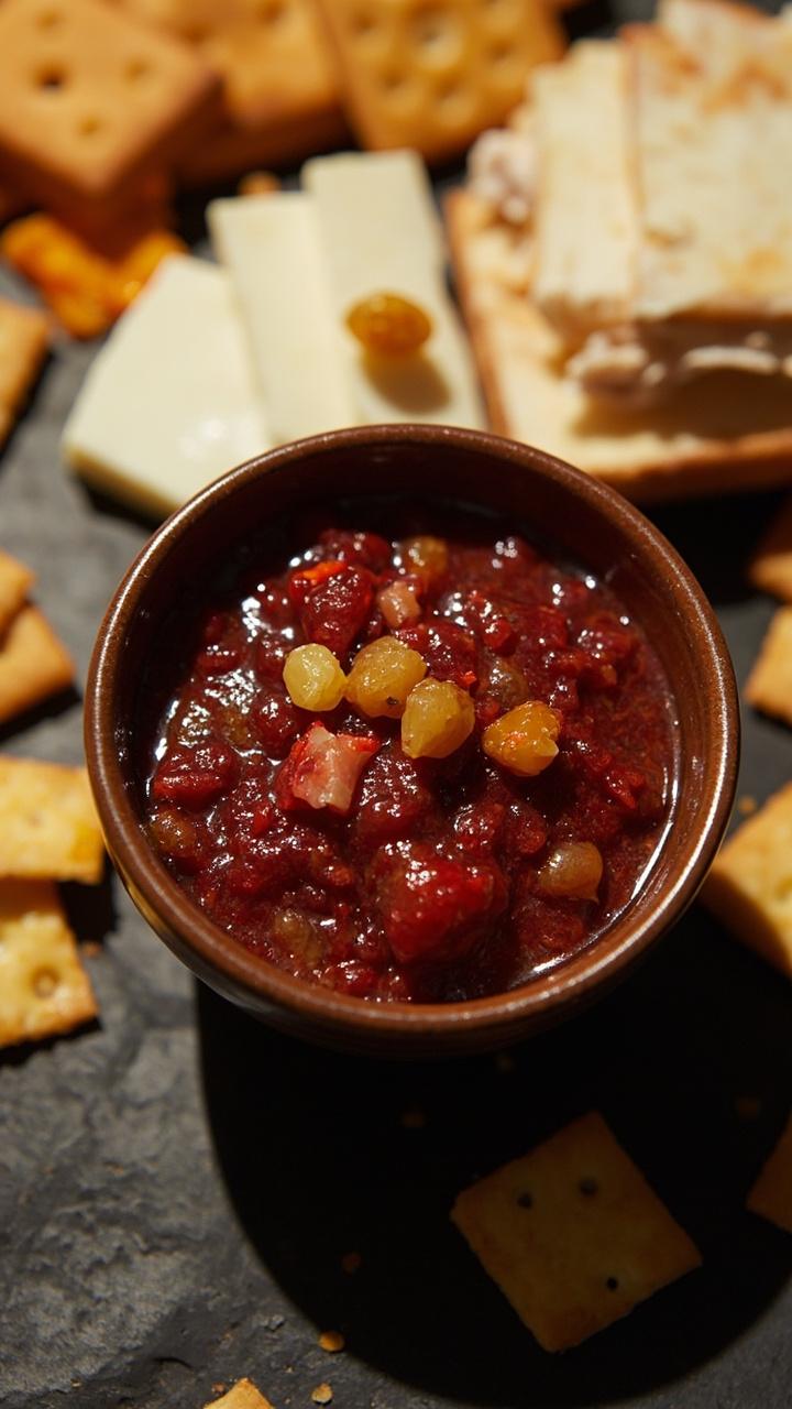A small bowl of textured crab apple chutney, dotted with golden raisins and red pepper flecks, surrounded by sliced cheeses and crackers on a slate board.