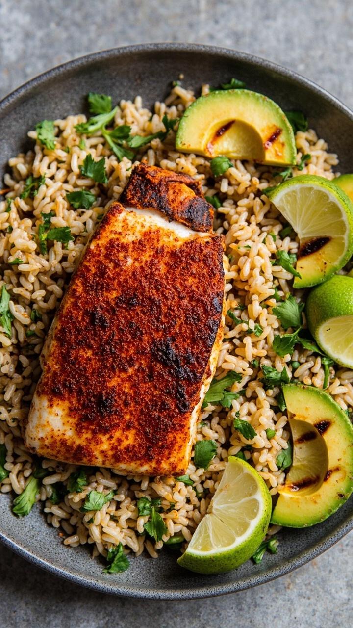 A fillet of blackened catfish sprinkled with deep red chipotle powder, resting on a bed of cilantro-lime rice. A grilled lime half and three thin avocado slices frame the dish on a slate gray plate.
