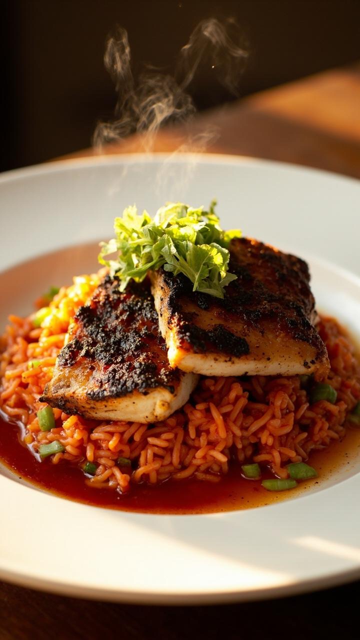Blackened catfish fillets served over a generous portion of reddish-orange tomato rice, sprinkled with chopped scallions. The plate is white with a subtle crease of sauce pooling under the fish.