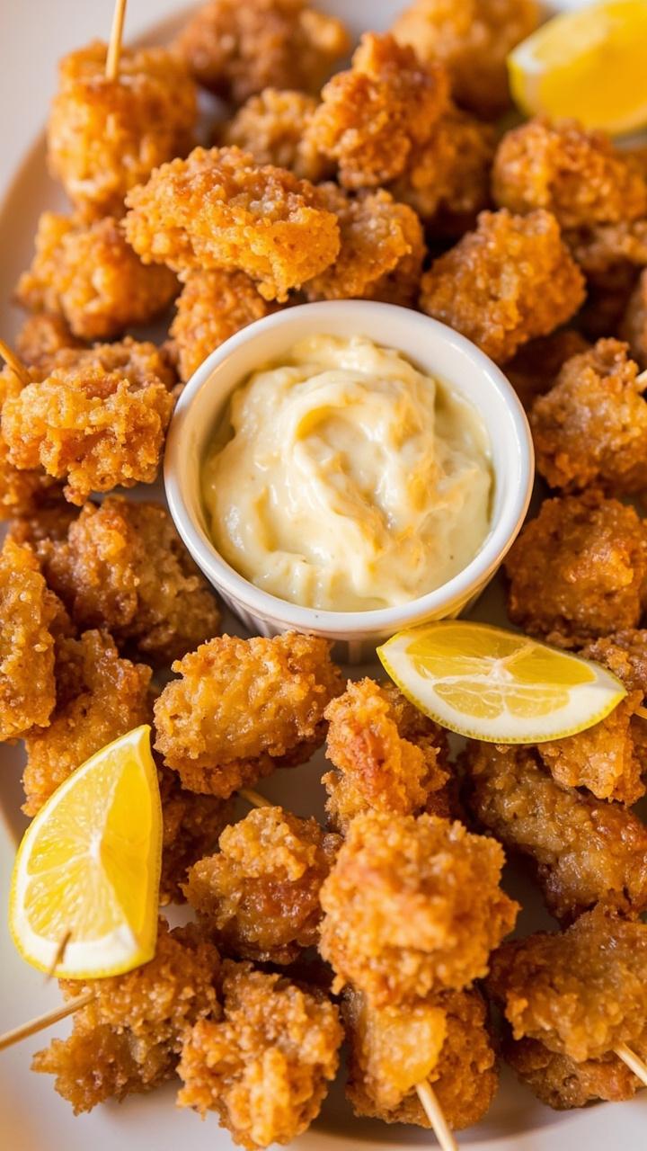 Crispy, golden-blackened catfish pieces arranged on a simple white platter with a ramekin of creamy remoulade in the center. Some bites are speared with toothpicks, scattered lemon wedges for color.