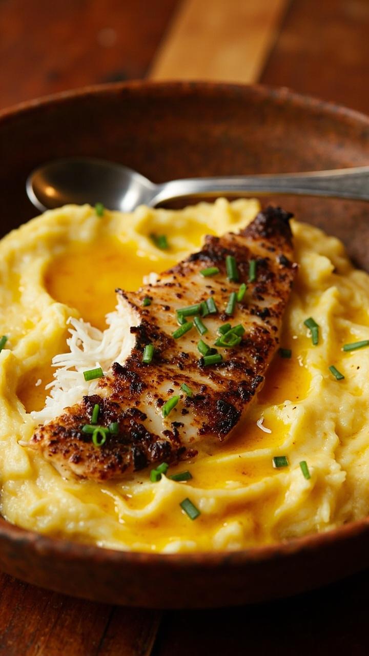 A shallow bowl with a scoop of yellow cheddar grits topped with a blackened catfish fillet. Chopped chives and a drizzle of brown butter run across the fish, with a spoon perched on the side.