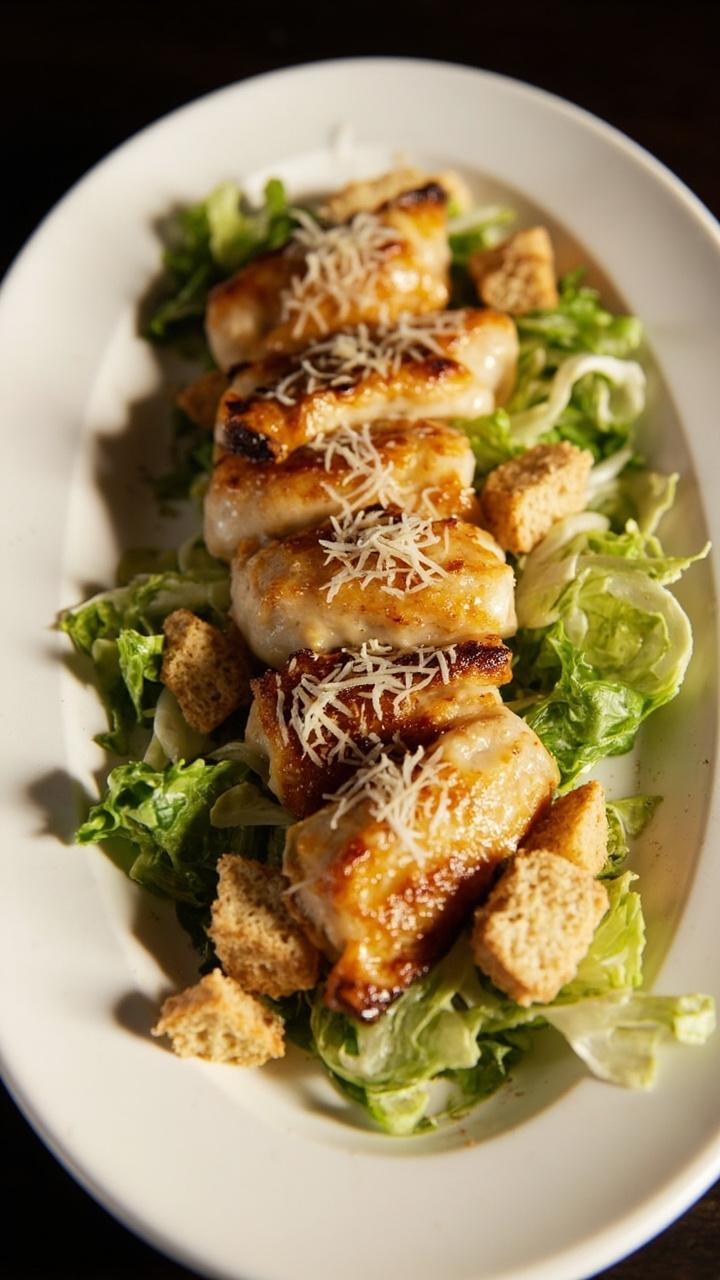 Slices of blackened catfish artfully arranged on a bed of chopped romaine, tossed with croutons, grated parmesan, and finished with a light drizzle of Caesar dressing on an oval white salad plate.