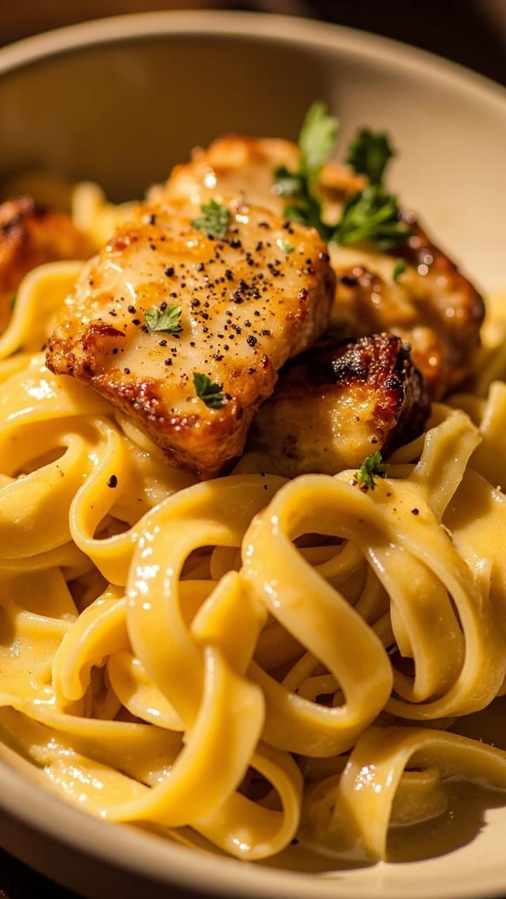 Twirls of fettuccine coated in glossy Alfredo sauce, topped with chunks of smoky blackened catfish, and sprinkled with black pepper and fresh parsley on a shallow pasta bowl.