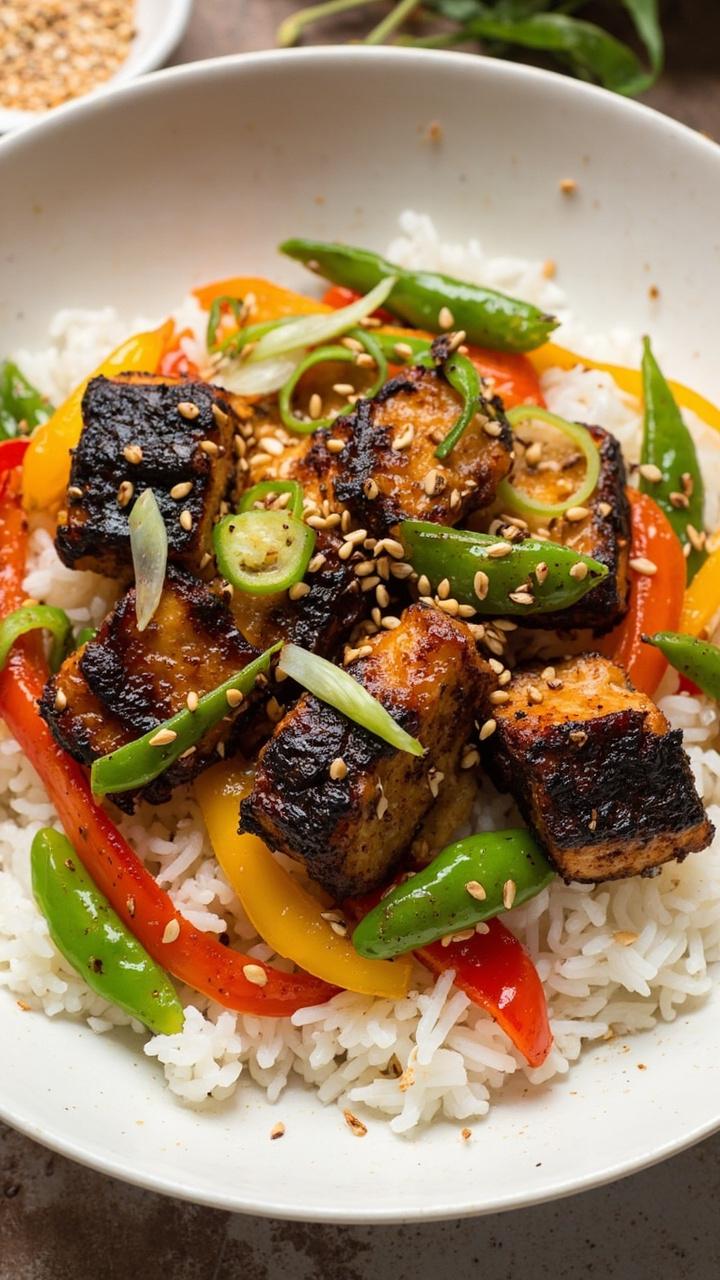 Chunks of blackened catfish and colorful stir-fried peppers and snap peas scattered over steaming white rice in a wide, shallow bowl. A light sprinkle of sesame seeds and sliced green onion on top.