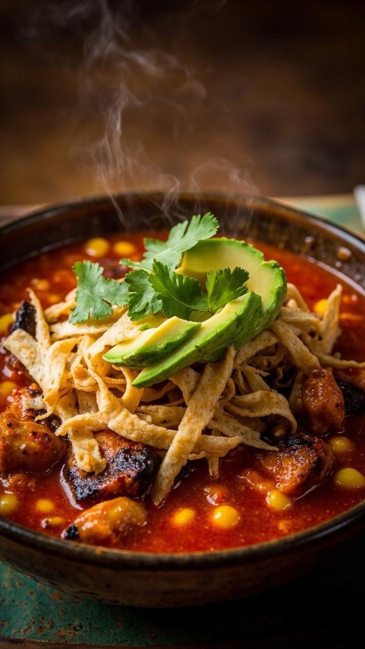 A deep bowl of tomato-based soup flecked with chunks of blackened catfish and corn, topped with crispy tortilla strips, avocado slices, and a sprinkle of cilantro.